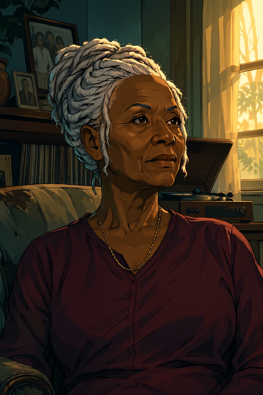 Mother Baptiste in her front room at dusk, the record player beside her