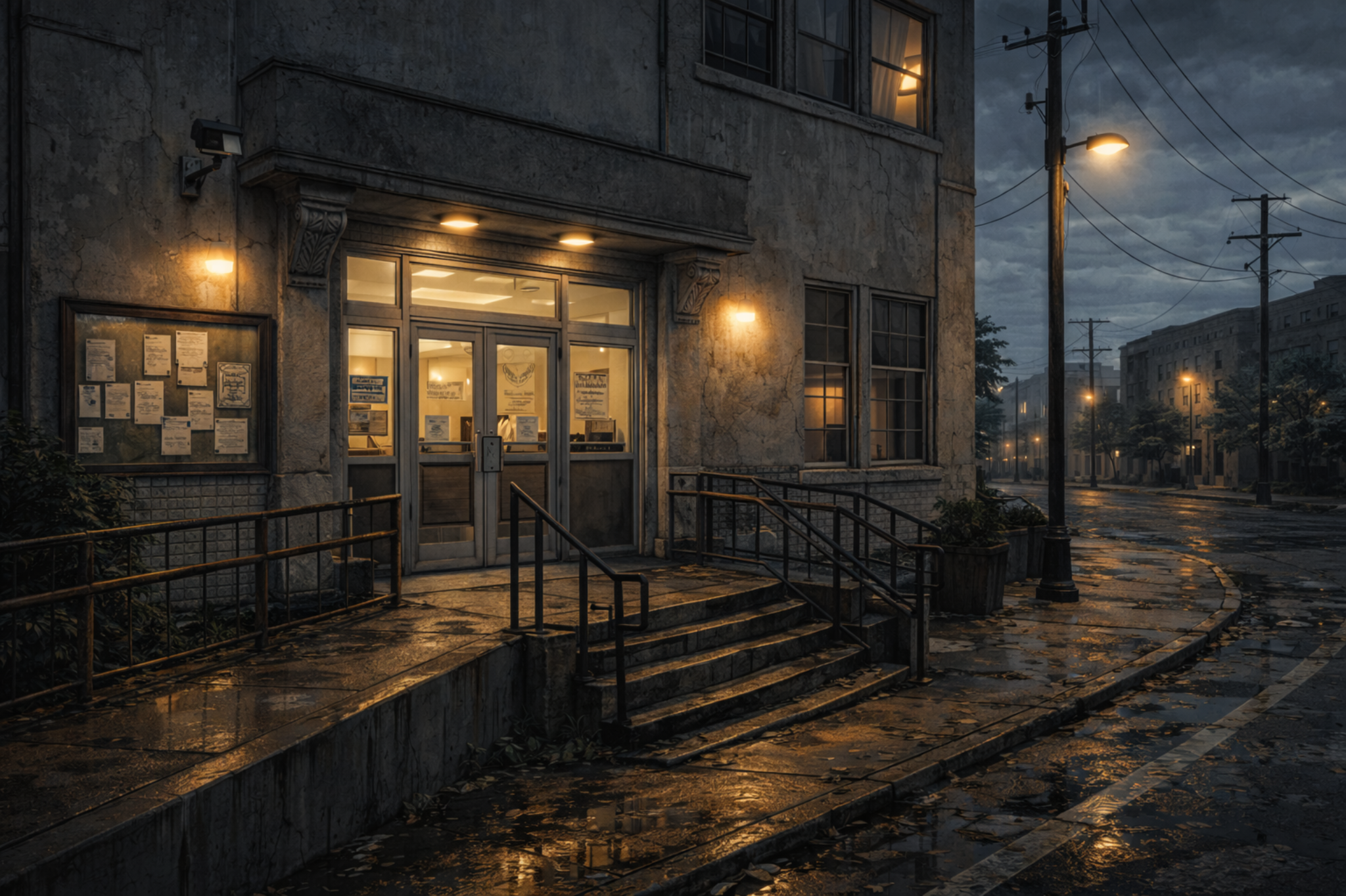 Records annex corner view at night with civic threshold, glass entry, and wet street approach