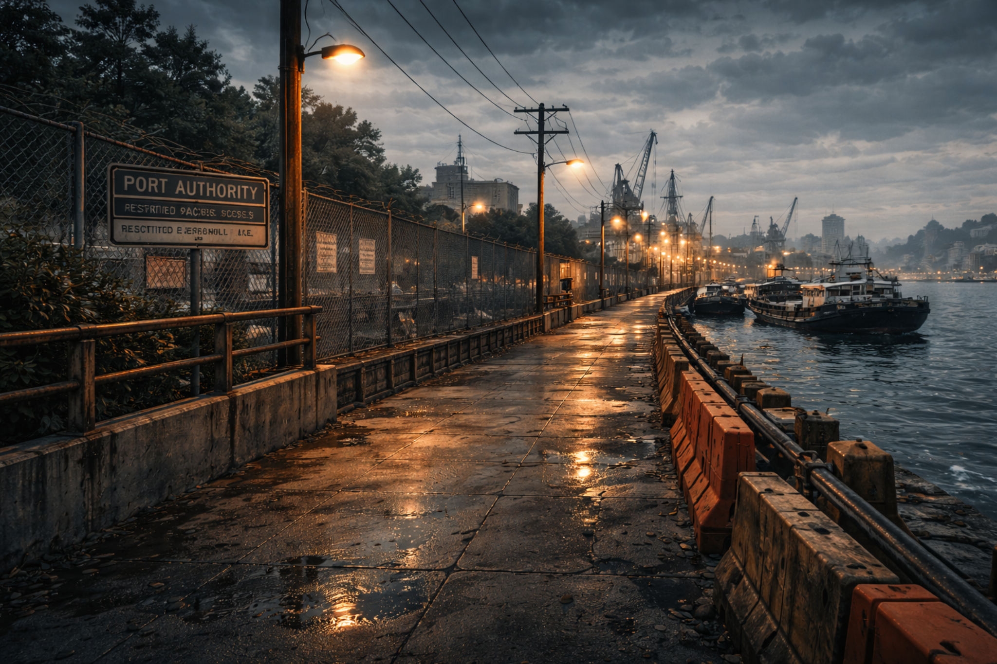 Harbor walkway at dusk with controlled passage and monitored infrastructure