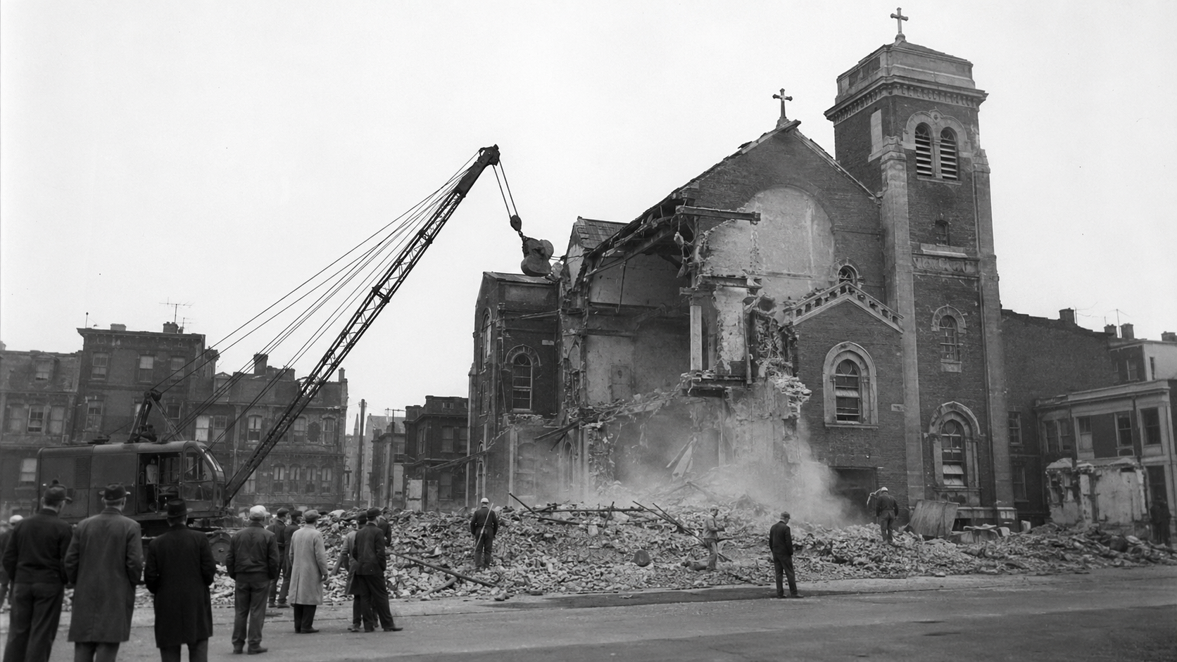 St. Malachy's church being demolished during the 1959 Mill Creek Valley clearance