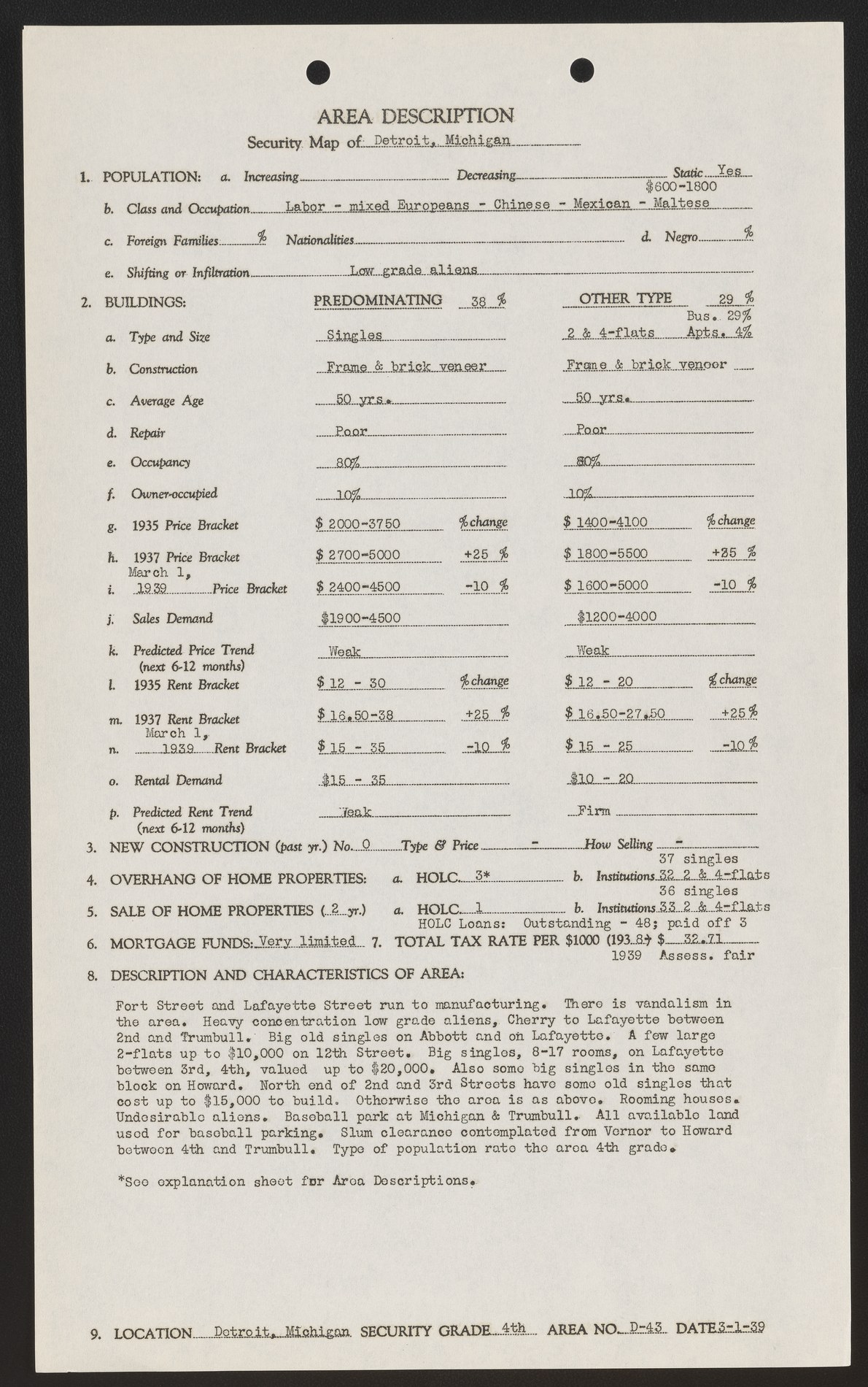 A typed federal Area Description form, Security Map of Detroit, Michigan, Area D-43. The description paragraph ends: Slum clearance contemplated from Vernor to Howard between 4th and Trumbull. Type of population rate the area 4th grade. At the foot of the form, Security Grade: 4th. Date 3-1-39.