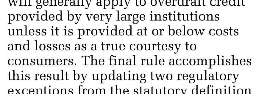 A column of the Federal Register, Vol. 89, No. 249, page 106769. The printed text reads: "Under this final rule, Regulation Z will generally apply to overdraft credit provided by very large institutions unless it is provided at or below costs and losses as a true courtesy to consumers."