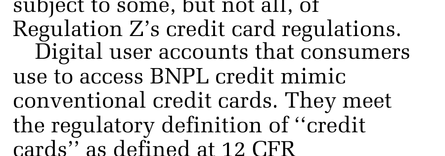 A column of the Federal Register, Vol. 89, No. 106, page 47069. The printed text reads: "Digital user accounts that consumers use to access BNPL credit mimic conventional credit cards."