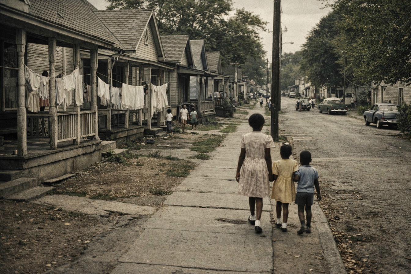 Black neighborhood street in midcentury Kansas City, before erasure