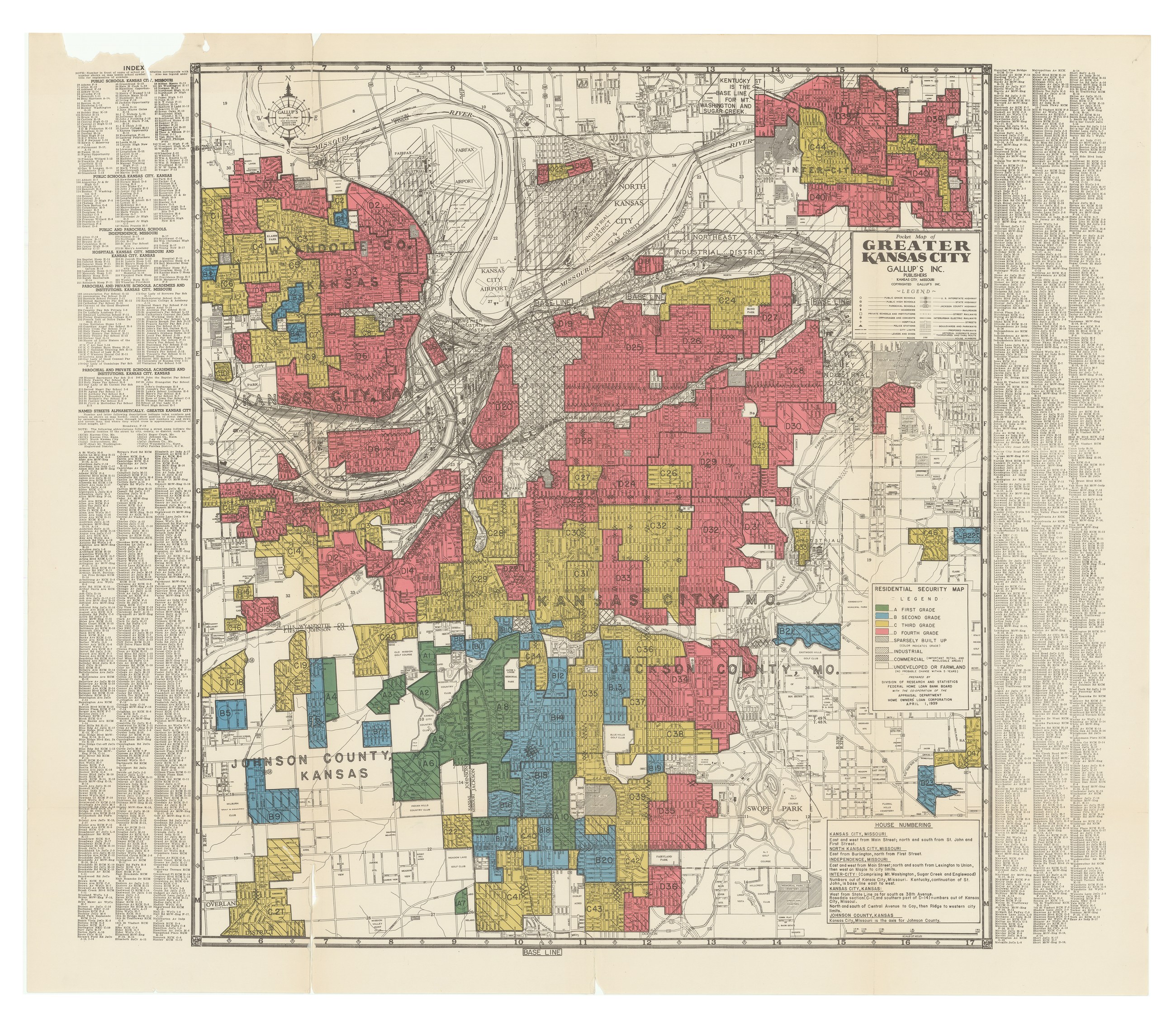 The Home Owners' Loan Corporation residential security map of Greater Kansas City, 1939. The city is drawn block by block and washed in four colours. The legend, lower right, reads RESIDENTIAL SECURITY MAP, and grades the colours A FIRST GRADE, B SECOND GRADE, C THIRD GRADE, D FOURTH GRADE. Beneath it: prepared by the Division of Research and Statistics, Federal Home Loan Bank Board, with the co-operation of the Appraisal Department, Home Owners' Loan Corporation, April 1, 1939. The east side, including the 18th and Vine district, is red.