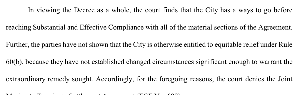 Page 73 of the 74-page order of the United States District Court for the Northern District of Ohio, filed 8 May 2026, carrying the court's electronic filing header: Case 1:15-cv-01046-SO, Doc. 708, PageID 15458. The printed text reads that the court finds the City "has a ways to go before reaching Substantial and Effective Compliance with all of the material sections of the Agreement," and denies the Joint Motion to Terminate Settlement Agreement (ECF No. 688).