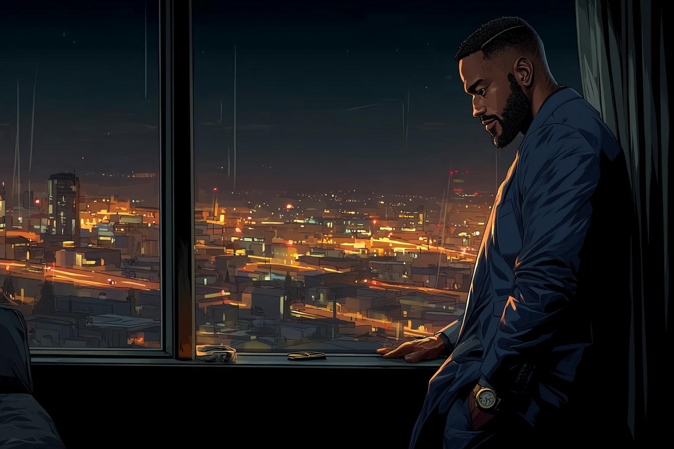 Robin stands alone at a tall office window at night, looking out over Larkspur