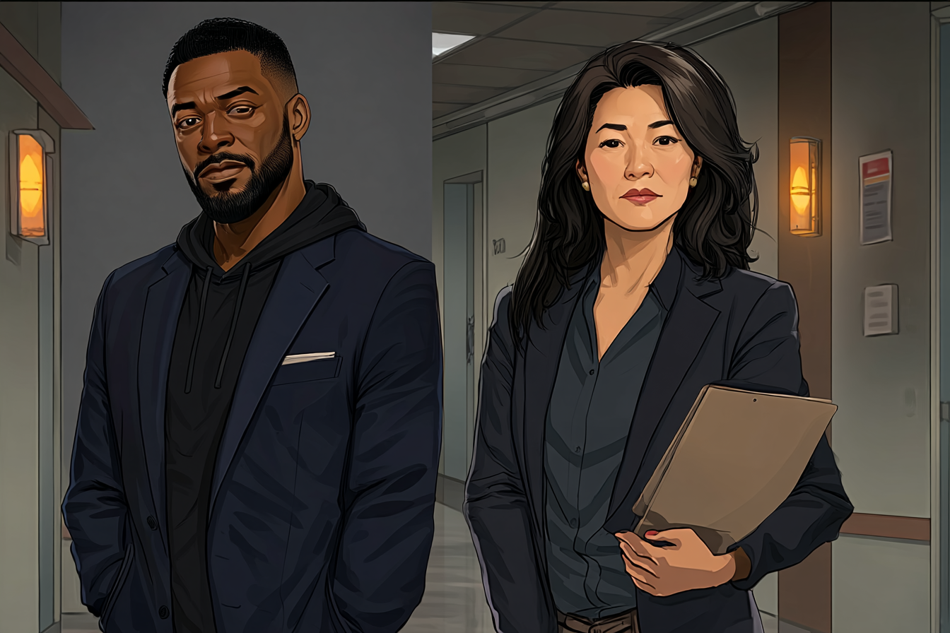 Two investigators walk an institutional corridor with a folder