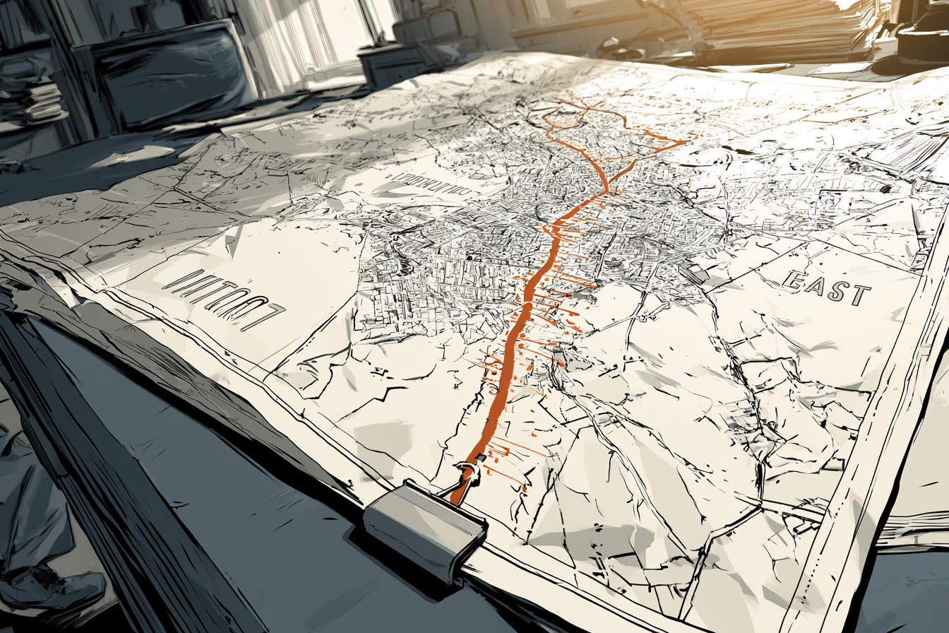 The Larkspur planning map with the OZ-7 routing corridor traced in amber-red