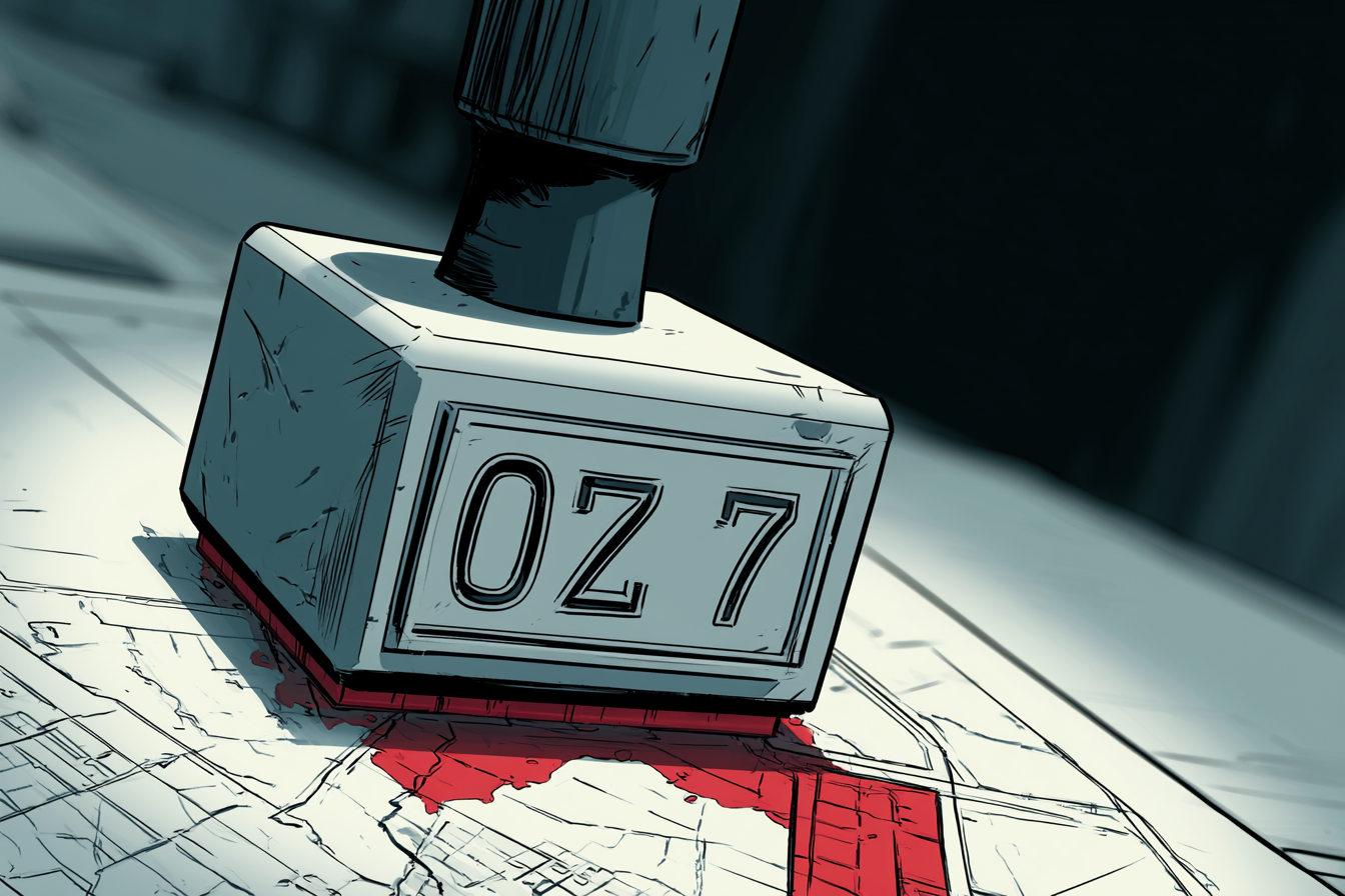 A red OZ-7 stamp pressing down onto a city map