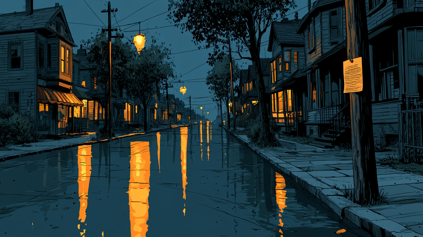 A rain-slicked neighborhood street at night under amber streetlights