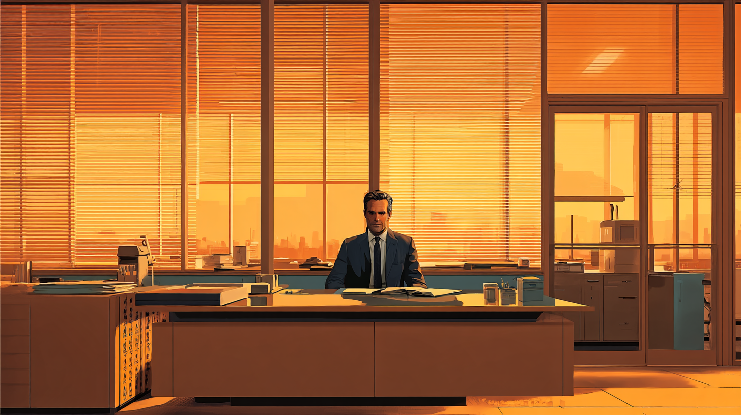 A lone figure at a wide desk in a vast corner office high in a bank tower, dwarfed by the room and the city beyond the glass
