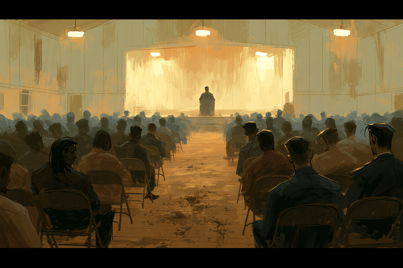 A full church fellowship hall on a summer evening, every head turned forward toward a man speaking without paper
