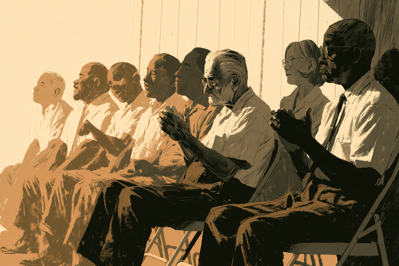 A row of hopeful faces in folding chairs; one older man near the aisle is not clapping, his hands still in his lap