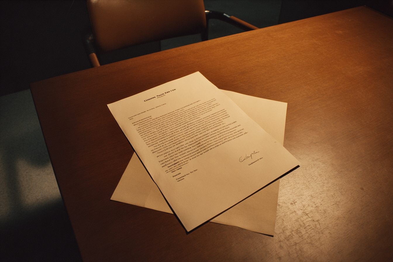 A single memo on an empty institutional desk under overhead fluorescent light, the page reading small in a wide cold surface