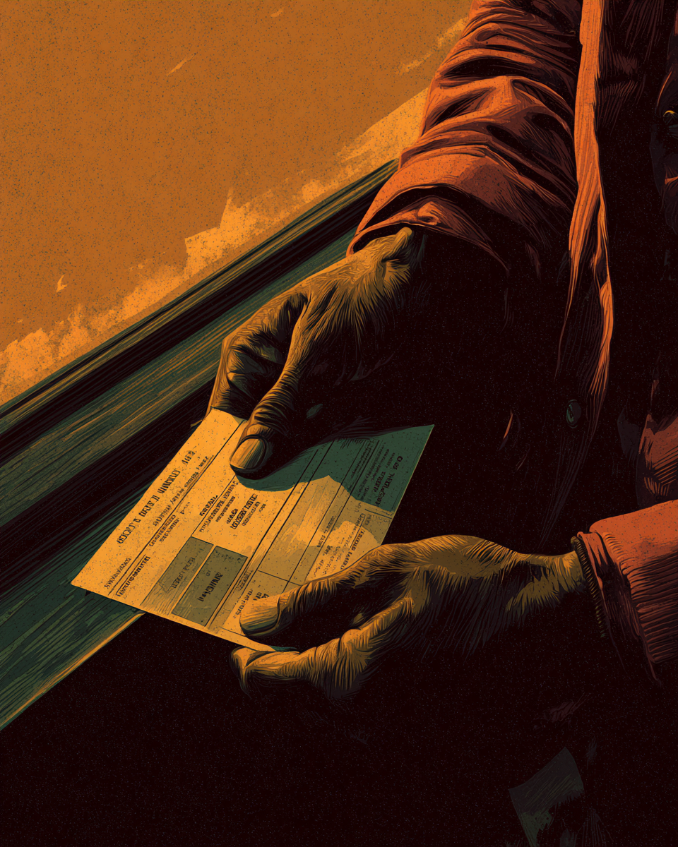 An elder homeowner's hands holding a non-renewal notice on a Vine Row porch at dusk