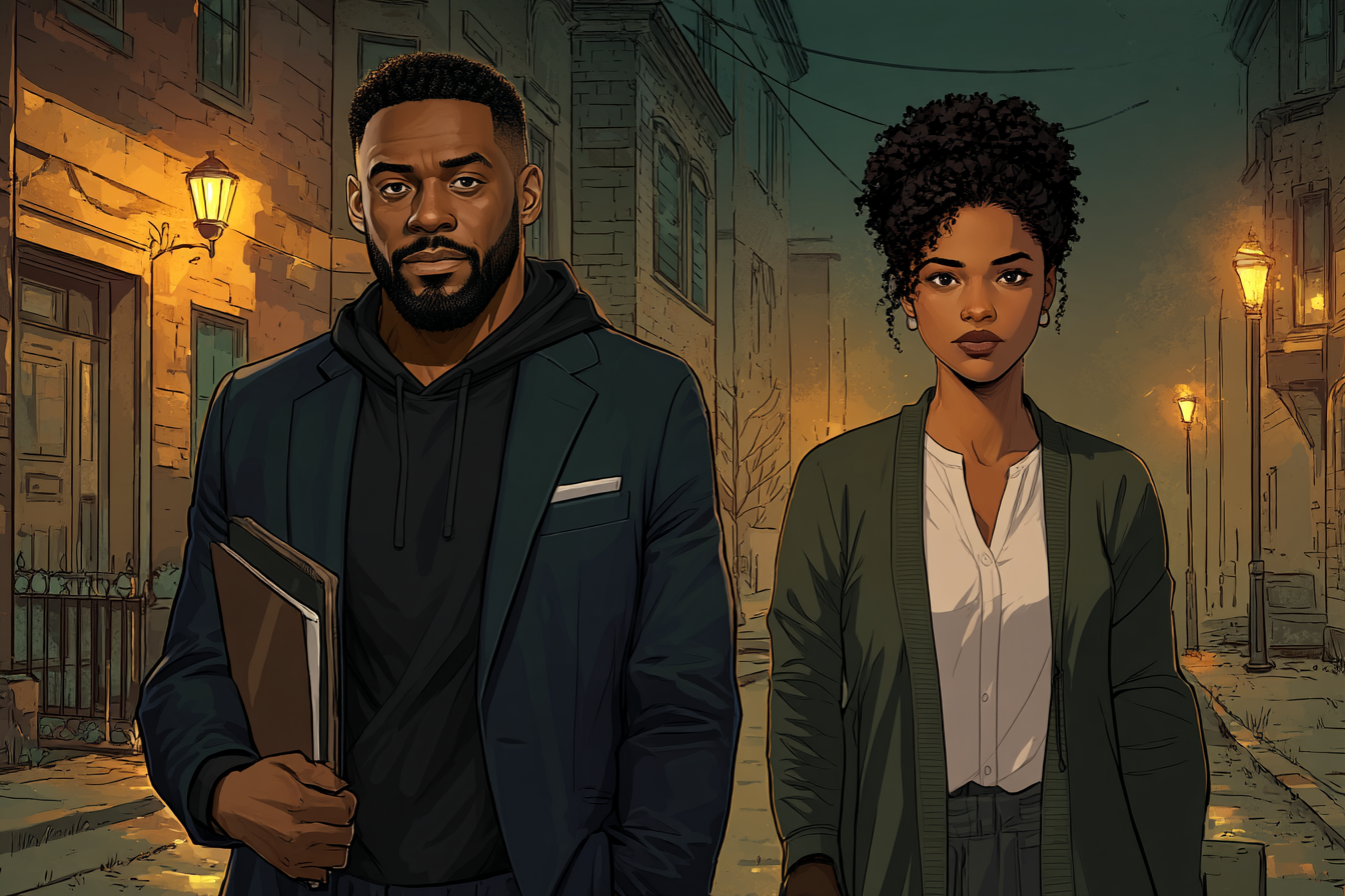 Two figures on a Vine Row sidewalk at night under a streetlight that used to be brighter: a man with a closed folio, and a woman turned toward him, watching and not reaching, held apart by a little too much space