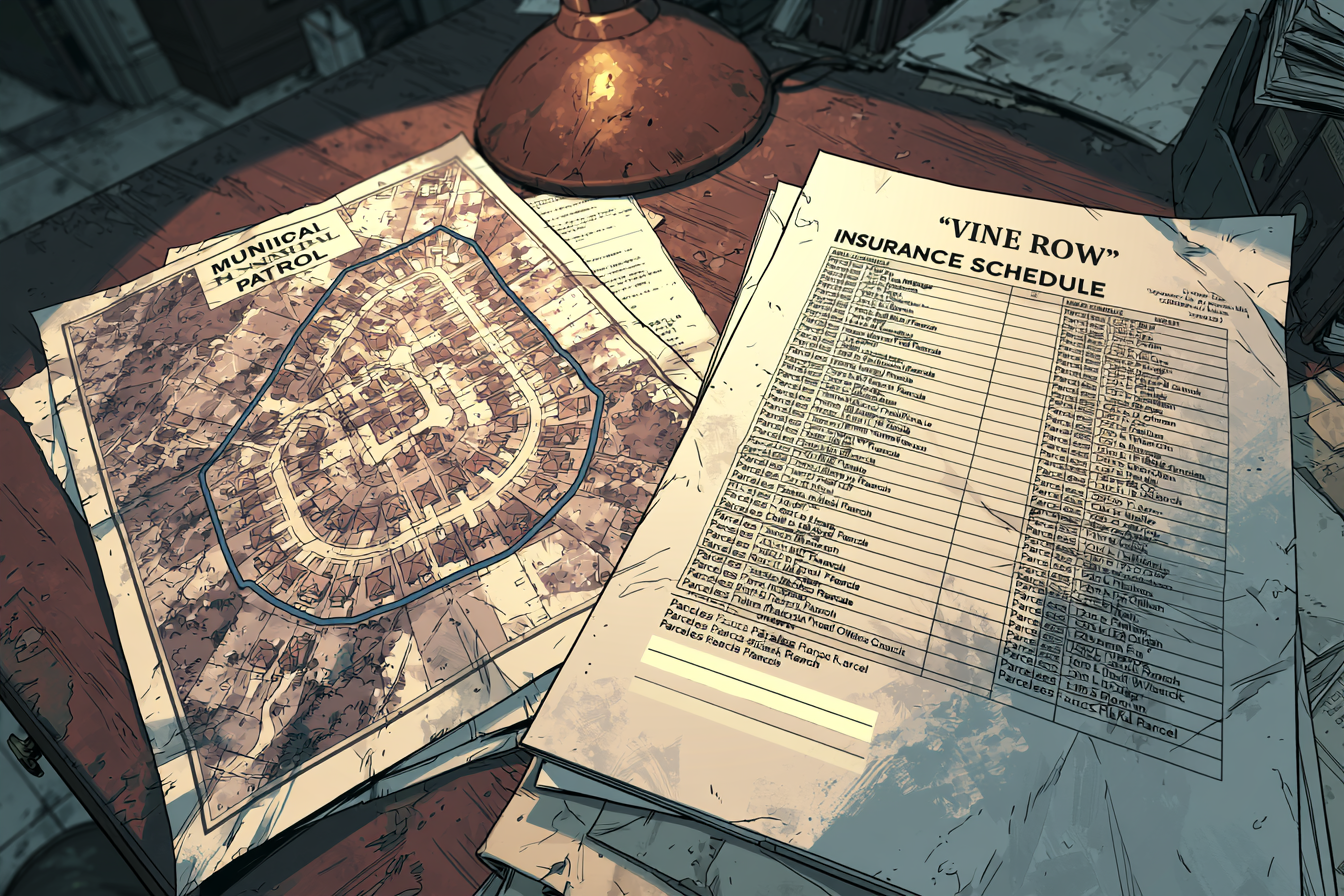 Two documents laid side by side on a desk under an amber lamp: a blue patrol-route map and a Vine Row insurance schedule, aligning edge to edge