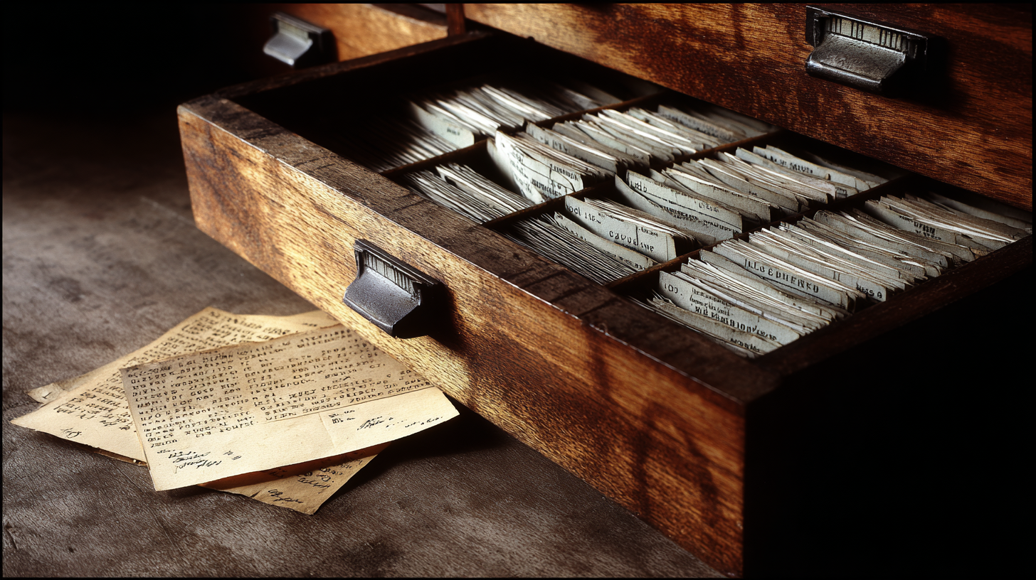 Archival card catalog drawer with records pulled and loose papers laid beside it — the physical infrastructure of who gets named and who gets removed from the record.